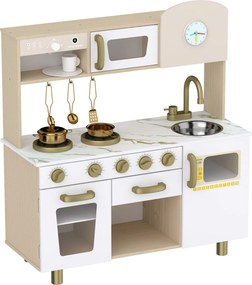 AIYAPLAY Bucătărie de Jucărie pentru Copii cu Plită, Robinet și Accesorii, MDF și Oțel Inoxidabil, 74 x 29 x 81 Cm, Alb | Aosom Romania