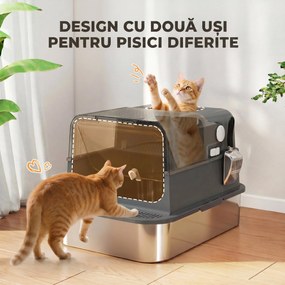 PawHut Litieră Închisă pentru Pisici 52 L din Oțel Inoxidabil, cu Capac Rabatabil, Acces Dublu și Lopățică, Negru | Aosom Romania