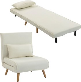 HOMCOM Fotoliu-șezlong convertibil 3 în 1 pat/fotoliu 1 loc, spătar 5 poziții, material textil cu pernă, crem | Aosom Romania