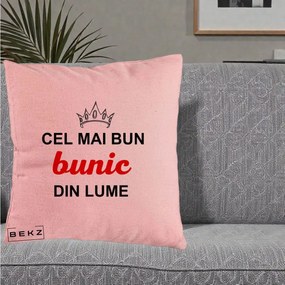 Cadou pentru Bunic - Perna Personalizata Cel Mai Bun Bunic Din Lume Coroana Rosu, 40x40 cm, Roz, Husa Detasabila, Perna Inclusa, BEKZ®