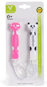 Set 2 lingurite din silicon pentru bebelusi NOVOKIDS™ Baby Panda GIRL, de la 6 luni, lingura mare, lingura mica, manere lungi, Roz
