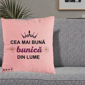 Cadou pentru Bunica - Perna Personalizata Cea Mai Buna Bunica Din Lume Coroana Mov Flori, 40x40 cm, Roz, Husa Detasabila, Perna Inclusa, BEKZ®