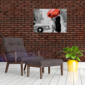 Tablou pe sticlă - Cuplu în dragoste sub o umbrelă, roșu (70x50 cm)