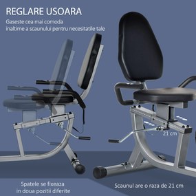 HOMCOM Bicicletă de Exerciții Înclinată Orizontală cu 8 Nivele de Rezistență, Monitor LCD și Scaun Reglabil, 122-137x62x103 cm, Gri | Aosom Romania