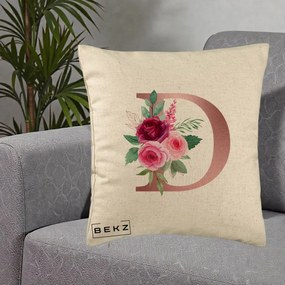 Cadou Personalizat - Perna Personalizata Monograma Rose Gold Litera D, 40x40 cm, Bej, Husa Detasabila, Perna Inclusa, BEKZ®