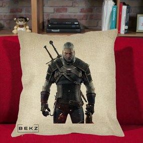 Perna Personalizata The Witcher Geralt of Rivia Portret, 40x40 cm, Crem, Husa Detasabila, Perna Inclusa, BEKZ®