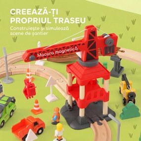 AIYAPLAY Trenuleț din lemn pentru copii 3+ ani, 91 piese, cu macara, șine, vehicule și figurine, multicolor | Aosom Romania