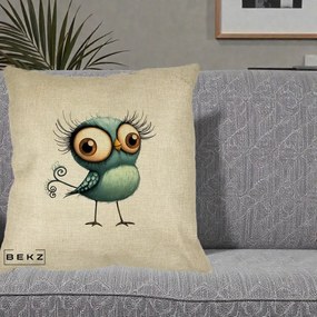 Perna Decorativa Pasare Teal cu Gene si Coada Spiralata, 40x40 cm, Crem, Husa Detasabila, Perna Inclusa, BEKZ®
