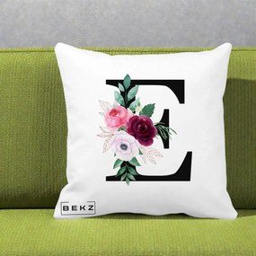 Cadou Personalizat - Perna Personalizata Monograma Florala Litera E, 40x40 cm, Alba Mata, Husa Detasabila, Perna Inclusa, BEKZ®