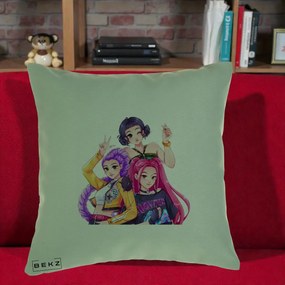 Perna Personalizata K-pop HUNTRX Trio Animat Fete Foto, 40x40 cm, Verde, Husa Detasabila, Perna Inclusa, BEKZ®