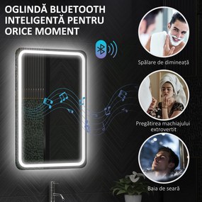 HOMCOM Oglindă de Baie Bluetooth LED 50 x 70 cm cu Anticeață - Argintiu | Aosom Romania