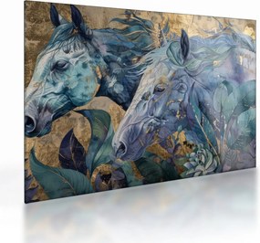 Tablou pe sticlă - Cai cu fundal auriu (70x50 cm)