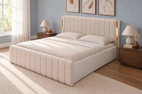Pat tapițat din catifea Aurelia 200×200 cm, crem, detalii aurii, cu ladă de depozitare