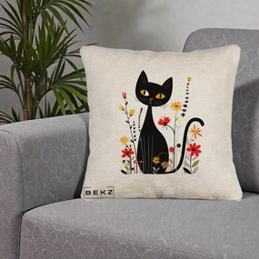 Perna Decorativa Pisica Neagra Ochi Galbeni Flori, 40x40 cm, Bej Canapea, Husa Detasabila, Perna Inclusa, BEKZ®