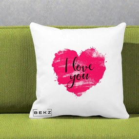 Cadou Romantic - Perna Personalizata I Love You Inima Roz, 40x40 cm, Alba Mata, Husa Detasabila, Perna Inclusa, BEKZ®