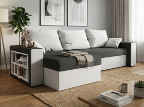 Coltar extensibil reversibil NORIX 240x140 cm, gri/alb cu polita + 2 pernute GRATIS