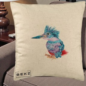 Perna Decorativa Pasare Martin Pescar Acuarela Albastru-Mov, 40x40 cm, Bej, Husa Detasabila, Perna Inclusa, BEKZ®