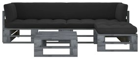 Set mobilier paleti cu perne, 4 piese, lemn de pin gri tratat Negru, 2x colt + suport pentru picioare + masa, Gri, 1