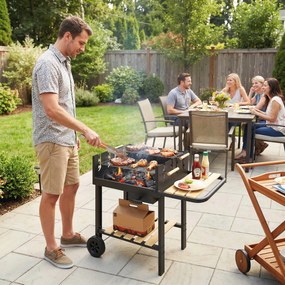 Outsunny Cărucior de grătar din lemn cu 2 grătare reglabile, grătar pe cărbuni pe roți, poliță laterală, negru | Aosom Romania