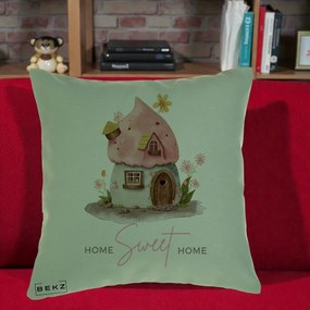 Perna Decorativa Home Sweet Home Casuta, 40x40 cm, Verde, Husa Detasabila, Perna Inclusa, BEKZ®