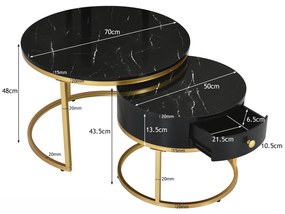 Set de 2 Măsuțe de Cafea Moderne Suprapuse cu Efect de Marmură Lucioasă, Structură din Metal, 70x70x48 cm și 50x50x43,5 cm, Negru