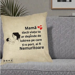Cadou pentru Mama - Perna Personalizata Mama Nemuritoare Imbratisare Copil, 40x40 cm, Crem, Husa Detasabila, Perna Inclusa, BEKZ®