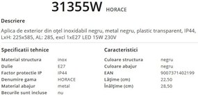 Aplica pentru iluminat exterior design modern, IP44 HORACE 31355W GL