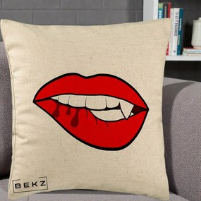Perna Decorativa Vampire Lips Halloween, 40x40 cm, Bej, Husa Detasabila, Perna Inclusa, BEKZ®