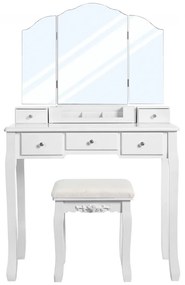 RESIGILAT- Set Barbara, Masă de toaletă cu 3 oglinzi, 5 sertare, organizator, scaun, Alb