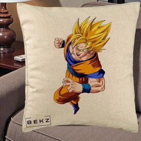 Perna Personalizata Dragon Ball Goku Super Saiyan 2 Lupta, 40x40 cm, Bej, Husa Detasabila, Perna Inclusa, BEKZ®