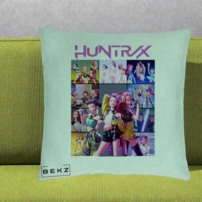 Perna Personalizata K-pop HUNTRX Colaj Animat Foto Grup, 40x40 cm, Verde Menta, Husa Detasabila, Perna Inclusa, BEKZ®