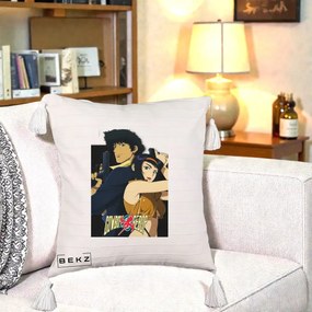 Perna Personalizata Cowboy Bebop Spike si Faye Poster, 40x40 cm, Bej cu Franjuri, Husa Detasabila, Perna Inclusa, BEKZ®