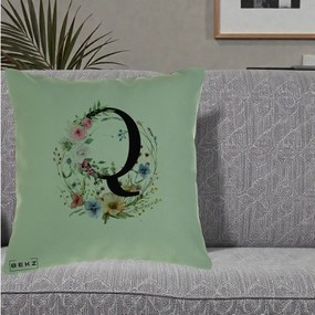 Cadou Personalizat - Perna Personalizata Monogram Litera Q cu Flori Acuarela, 40x40 cm, Verde, Husa Detasabila, Perna Inclusa, BEKZ®
