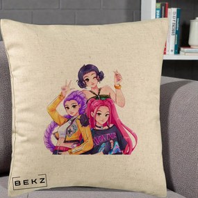Perna Personalizata K-pop HUNTRX Trio Animat Fete Foto, 40x40 cm, Bej, Husa Detasabila, Perna Inclusa, BEKZ®