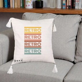 Perna Decorativa RETRO Text Multicolor, 40x40 cm, Bej cu Franjuri, Husa Detasabila, Perna Inclusa, BEKZ®