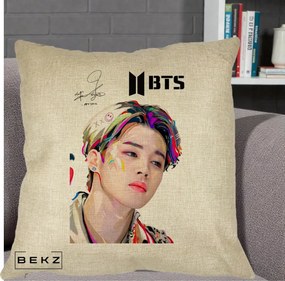 Perna Personalizata K-pop BTS Jimin Portret Artistic Multicolor cu Autograf, 40x40 cm, Crem, Husa Detasabila, Perna Inclusa, BEKZ®