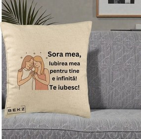 Cadou pentru Sora - Perna Personalizata Sora Mea Te Iubesc Imbratisare cu Sclipiri, 40x40 cm, Bej, Husa Detasabila, Perna Inclusa, BEKZ®