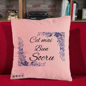 Cadou pentru Socru - Perna Personalizata Cel mai Bun Socru cu Flori Albastre Acuarela, 40x40 cm, Roz, Husa Detasabila, Perna Inclusa, BEKZ®