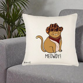 Perna Decorativa Pisica Cowboy Meowdy, 40x40 cm, Crem Reliefat, Husa Detasabila, Perna Inclusa, BEKZ®