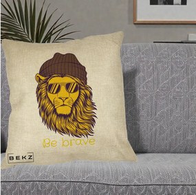 Perna Decorativa Leu Hipster Be Brave, 40x40 cm, Crem, Husa Detasabila, Perna Inclusa, BEKZ®