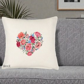 Perna Decorativa Inima din Bujori Acuarela, 40x40 cm, Crem Reliefat, Husa Detasabila, Perna Inclusa, BEKZ®
