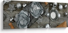 Tablou - decorațiuni argintii de Crăciun (cu ceas) (90x30 cm)
