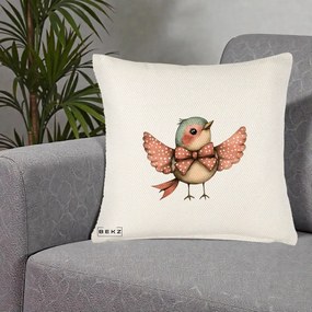 Perna Decorativa Pasare Roz cu Aripi si Fundita, 40x40 cm, Crem Reliefat, Husa Detasabila, Perna Inclusa, BEKZ®