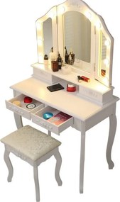 RESIGILAT- Set Anastasia, masă de toaletă cu 3 oglinzi iluminate LED, control touch, 4 sertare, scaun, Alb