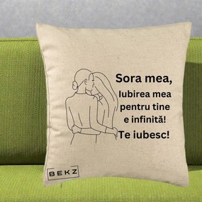 Cadou pentru Sora - Perna Personalizata Sora Mea Te Iubesc Imbratisare din Spate Line Art, 40x40 cm, Bej, Husa Detasabila, Perna Inclusa, BEKZ®
