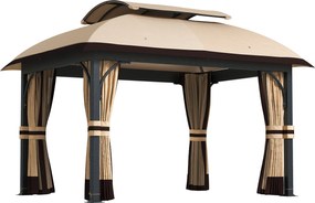 Outsunny Pavilion de grădină, 3,3 x 4 m cort de grădină cu draperii din plasă, acoperiș în două niveluri, acoperire din piele ecologică, cadru metalic, Khaki | Aosom Romania
