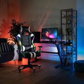 Scaun gaming, lumini led cu telecomanda, cu tetiera, piele eco negru alb, Bortis Impex