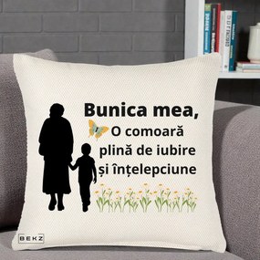 Cadou pentru Bunica - Perna Personalizata Bunica Mea Comoara cu Fluture si Baietel, 40x40 cm, Crem Reliefat, Husa Detasabila, Perna Inclusa, BEKZ®