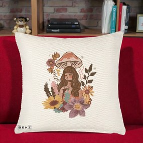 Perna Decorativa Fata Ciuperca Boho Florala, 40x40 cm, Crem Reliefat, Husa Detasabila, Perna Inclusa, BEKZ®