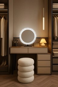 Set EMILY, Masă de toaletă pentru machiaj cu oglindă iluminată LED, în trei culori, intensitate reglabilă, control touch, comoda, taburet, 80 cm, Gri